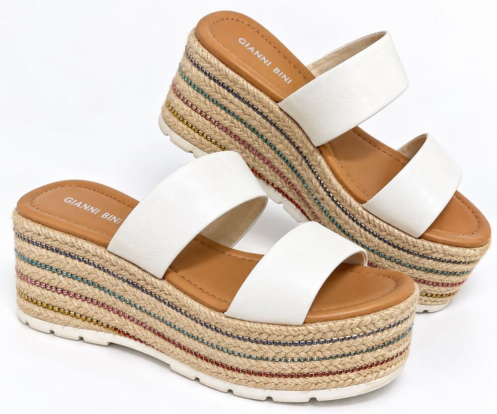 Gianni Bini White Rainbow Rhinestone Espadrille Platform Wedge Slide Sandals